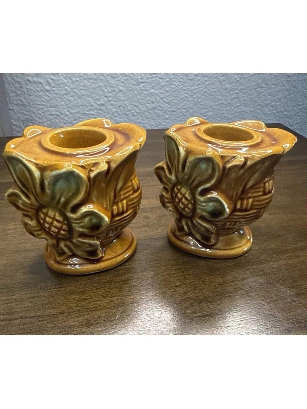 Vintage 2 pc Candleholders Floral Sunflower Basket Ceramic Japan
60's